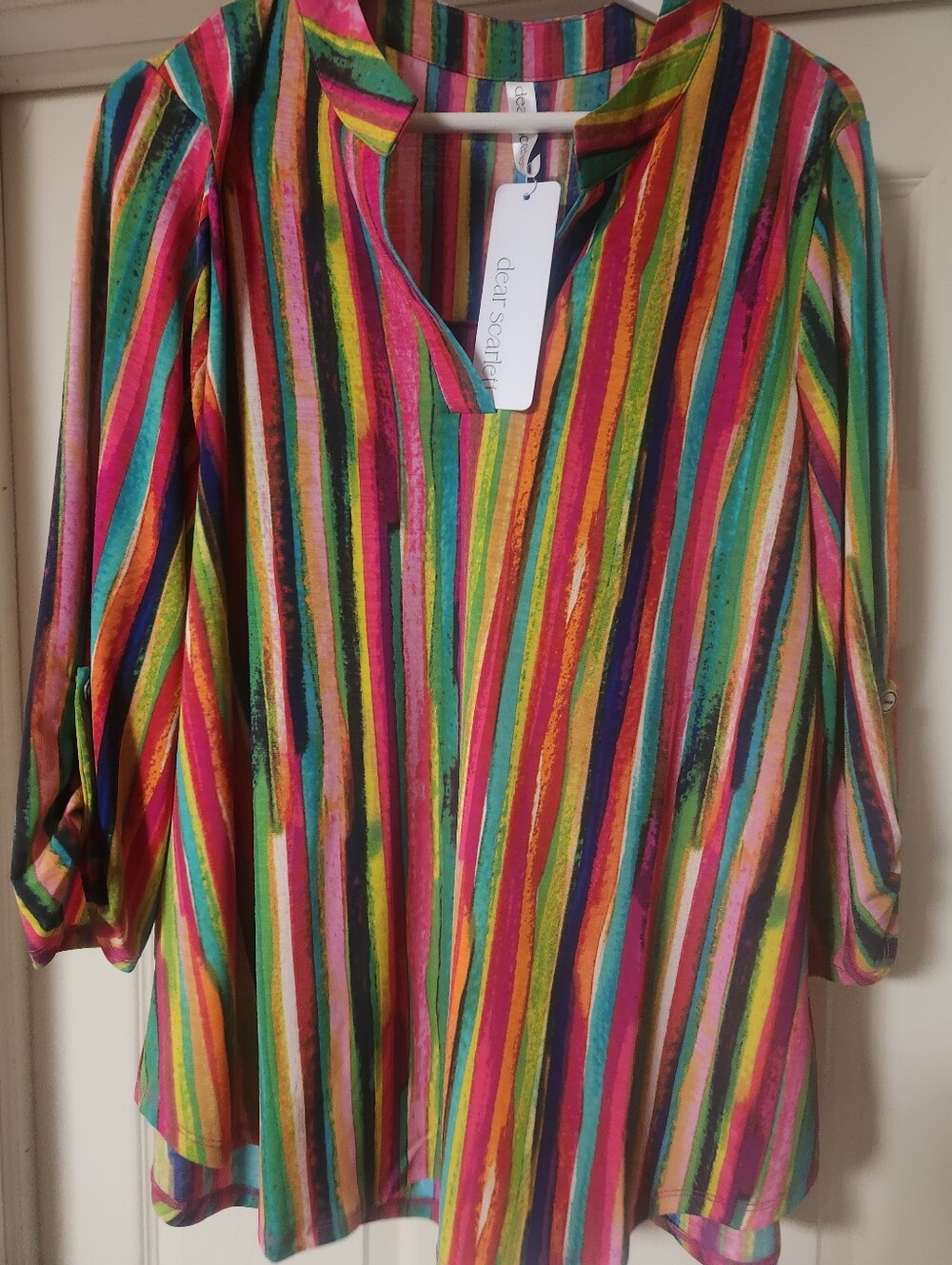 NWT Dear Scarlett Multicolor Striped Roll Tab Blouse Tunic Top.  Size L